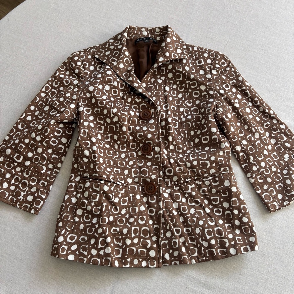Lafayette 148 Abstract Print Blazer Brown Ivory Jacket Size 0 | Chic Modern
